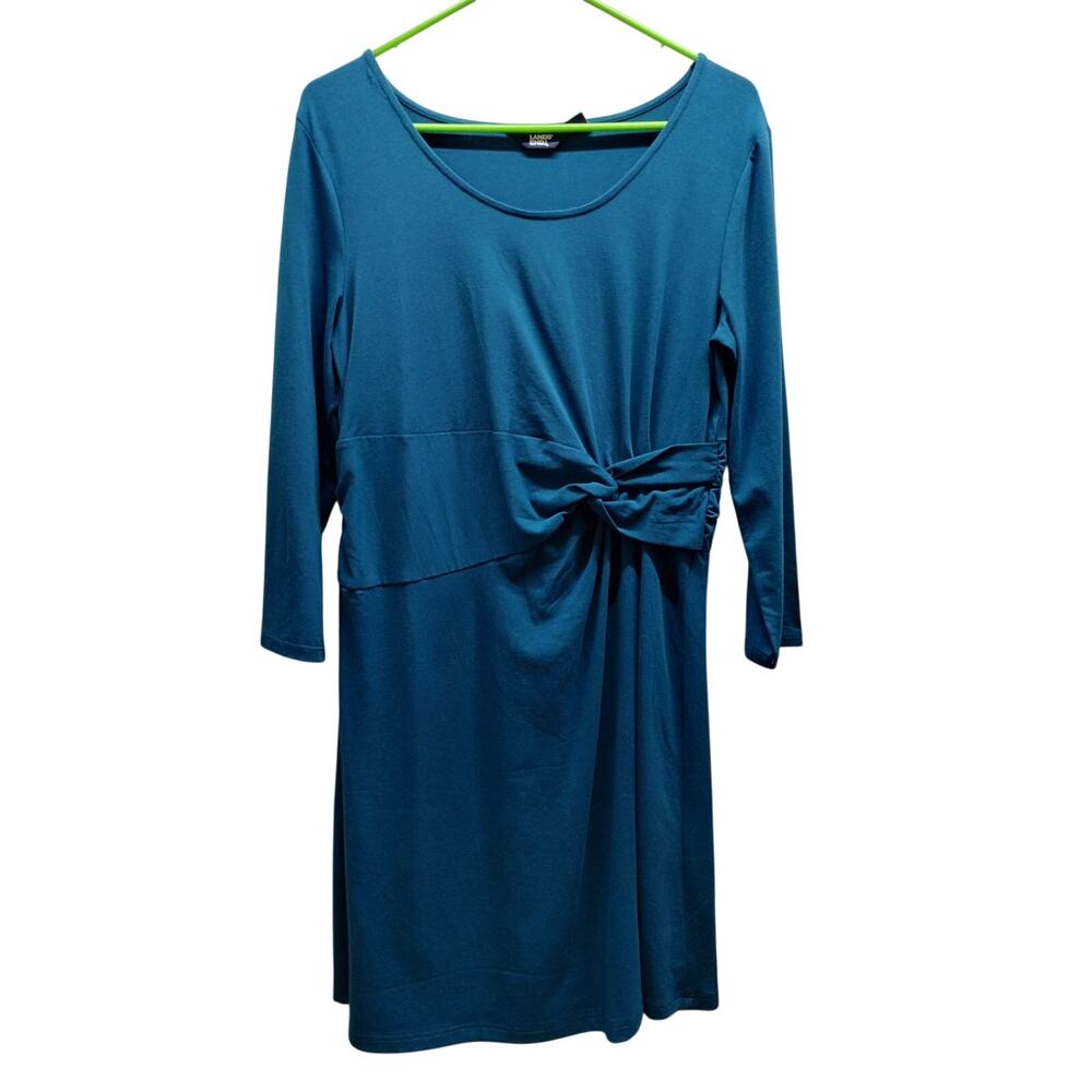Lands' End Womens Size M Teal Blue 3/4 Sleeve Twist Front Dress Brunch Modest